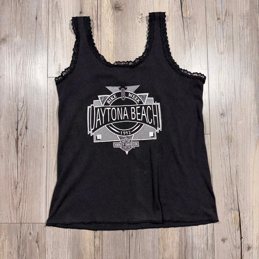 Harley Davidson 3D Emblem black tank top with lace trim - Picture 2 of 5
